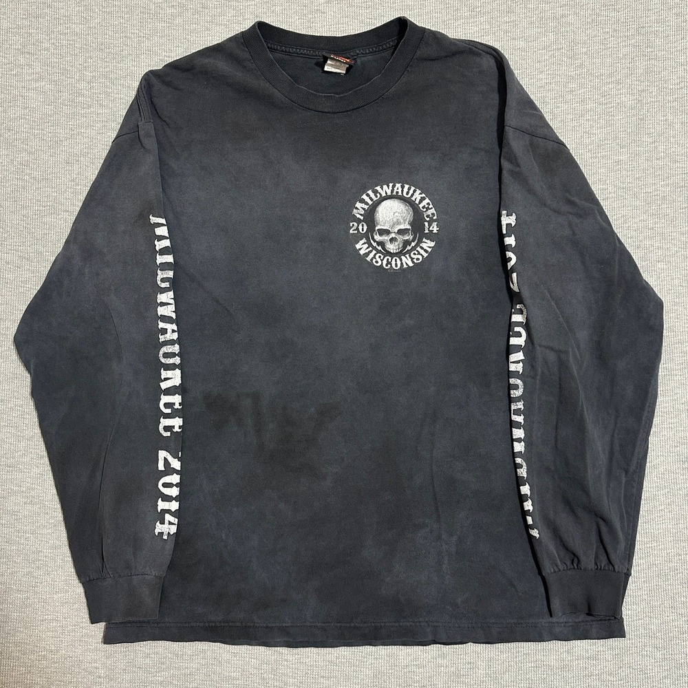 Hot Leathers 2014 Milwaukee Rally Skull Graphic LS Tee Faded Gray Black XL